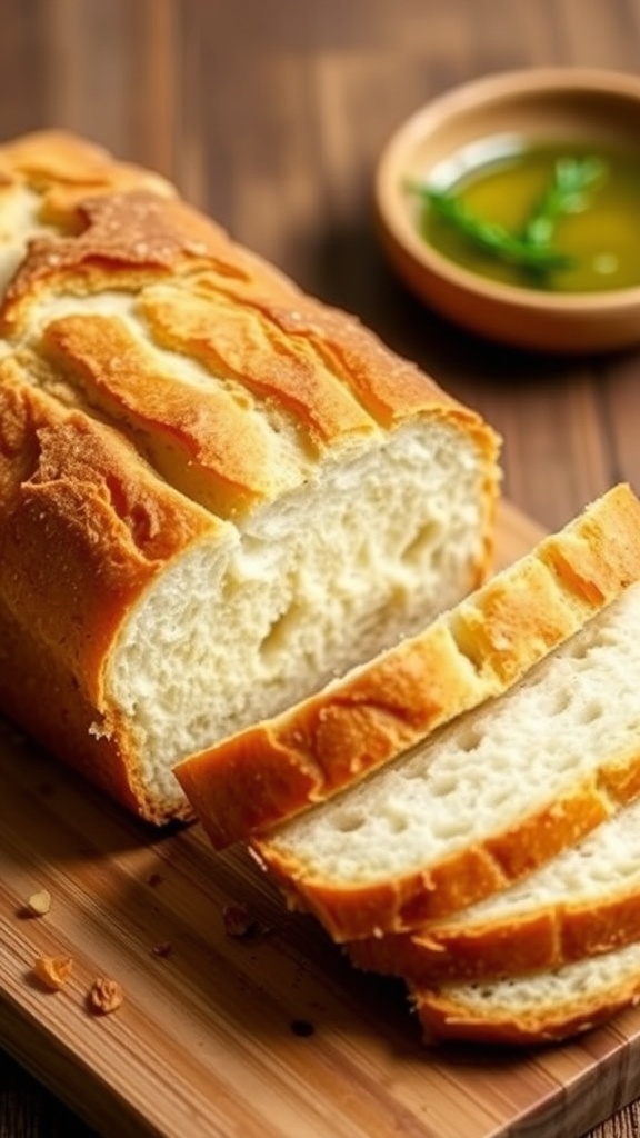 A golden brown gluten-free yeast bread loaf sliced on a wooden board, with a bowl of olive oil in the background.